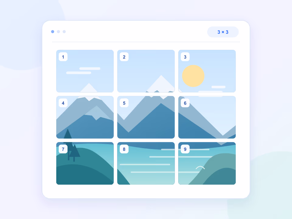 A landscape illustration divided into nine numbered tiles in a 3 by 3 grid.
